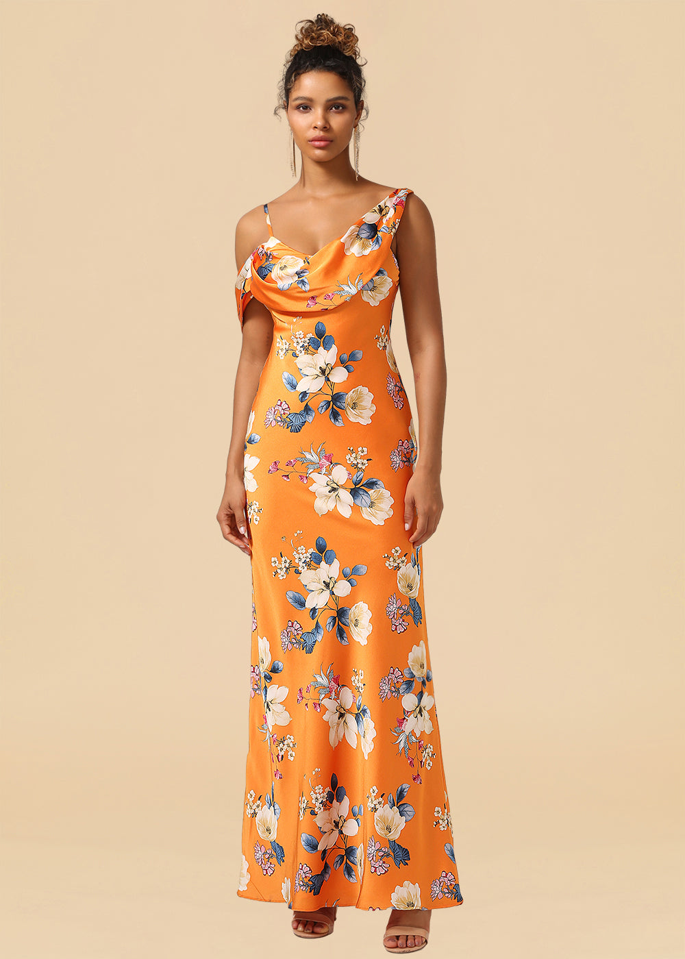 Orange Printed Flower Spaghetti Strap Satin A-line Long Bridesmaid Dress