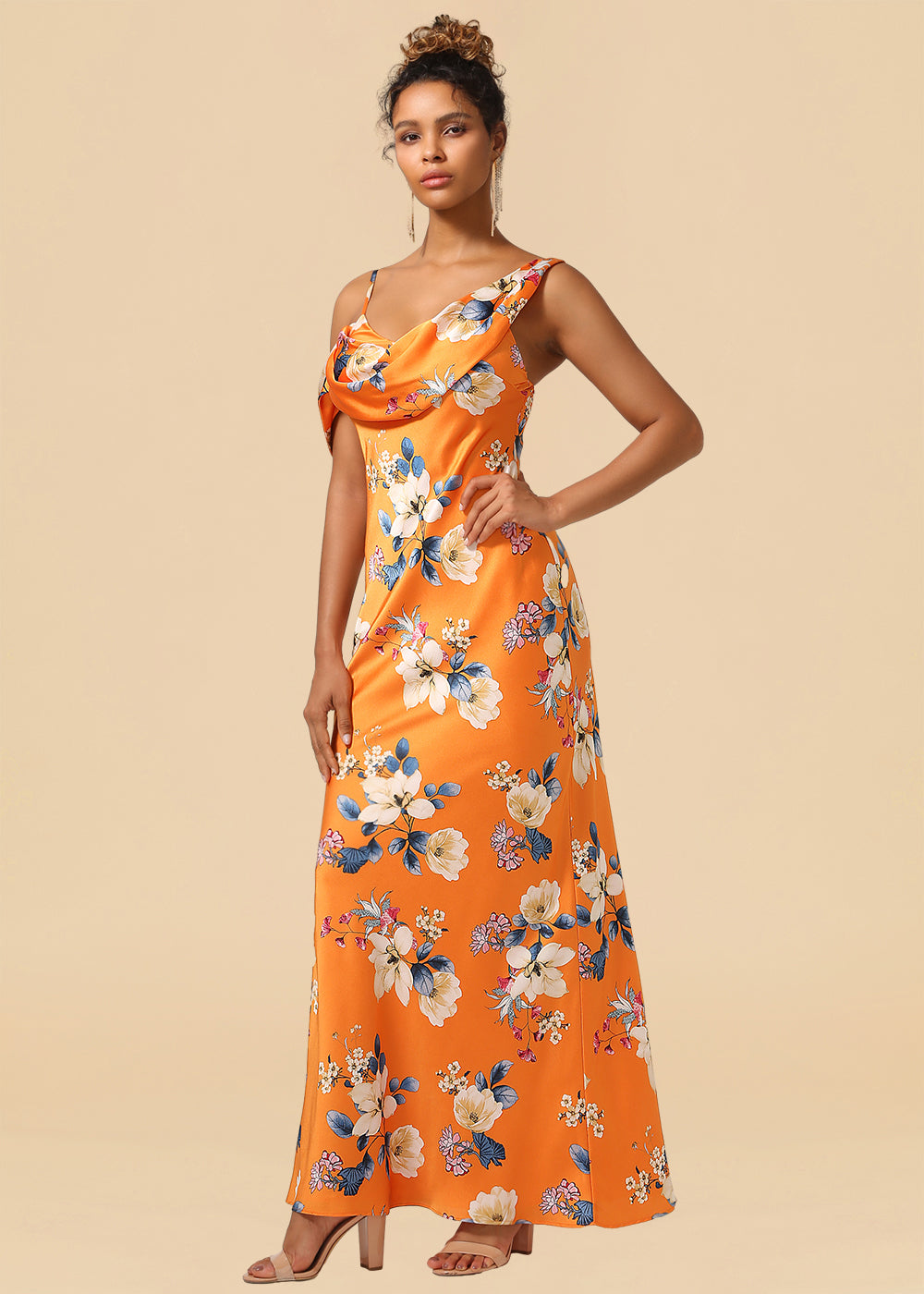 Orange Printed Flower Spaghetti Strap Satin A-line Long Bridesmaid Dress