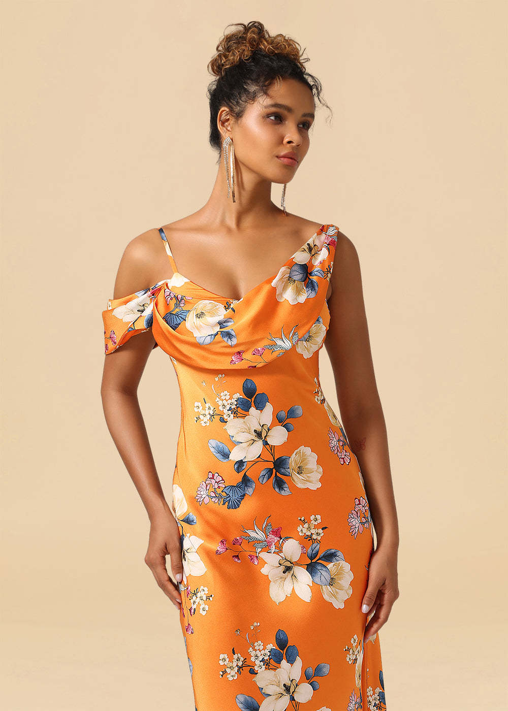 Orange Printed Flower Spaghetti Strap Satin A-line Long Bridesmaid Dress