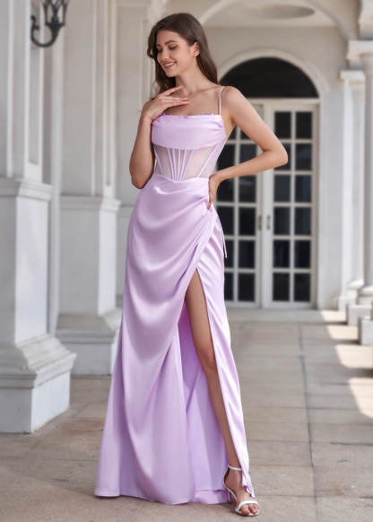 Spaghetti Strap Corset Crepe Sheath Floor Length Bridesmaid Dress