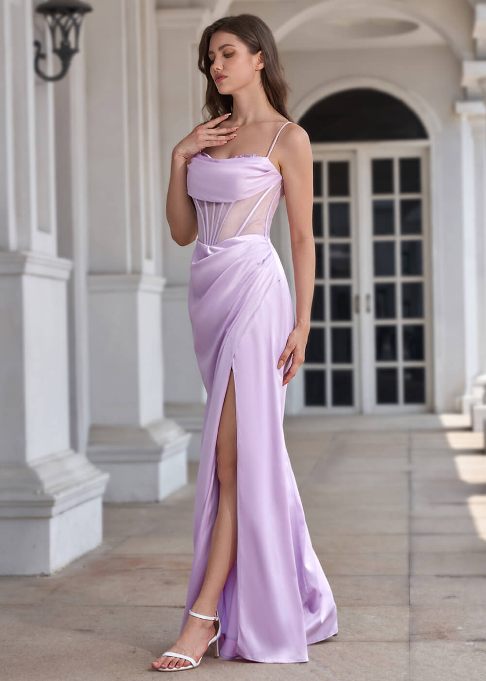 Spaghetti Strap Corset Crepe Sheath Floor Length Bridesmaid Dress