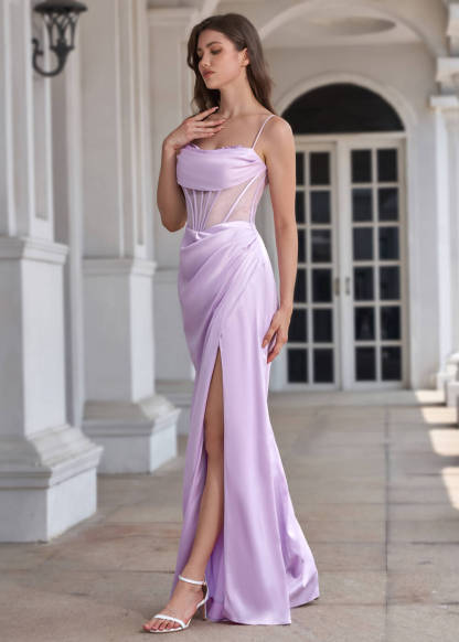 Spaghetti Strap Corset Crepe Sheath Floor Length Bridesmaid Dress