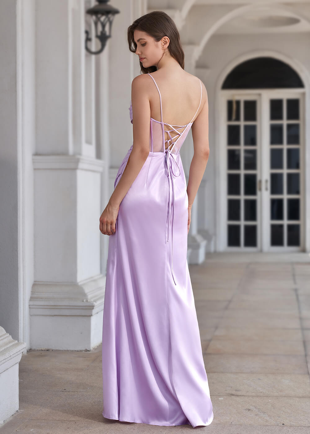 Spaghetti Strap Corset Crepe Sheath Floor Length Bridesmaid Dress