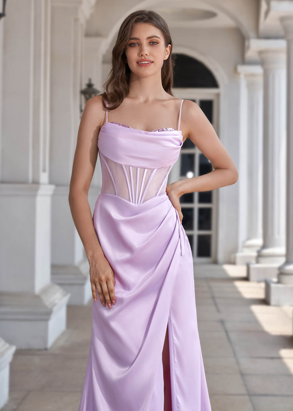 Spaghetti Strap Corset Crepe Sheath Floor Length Bridesmaid Dress