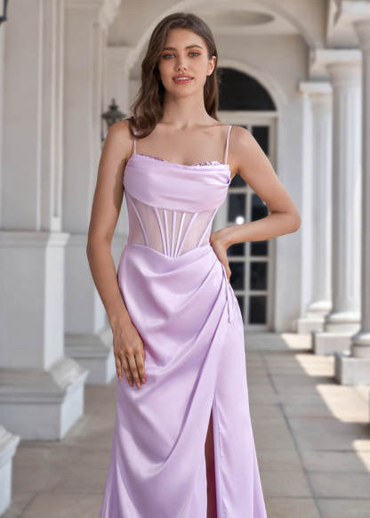 Spaghetti Strap Corset Crepe Sheath Floor Length Bridesmaid Dress
