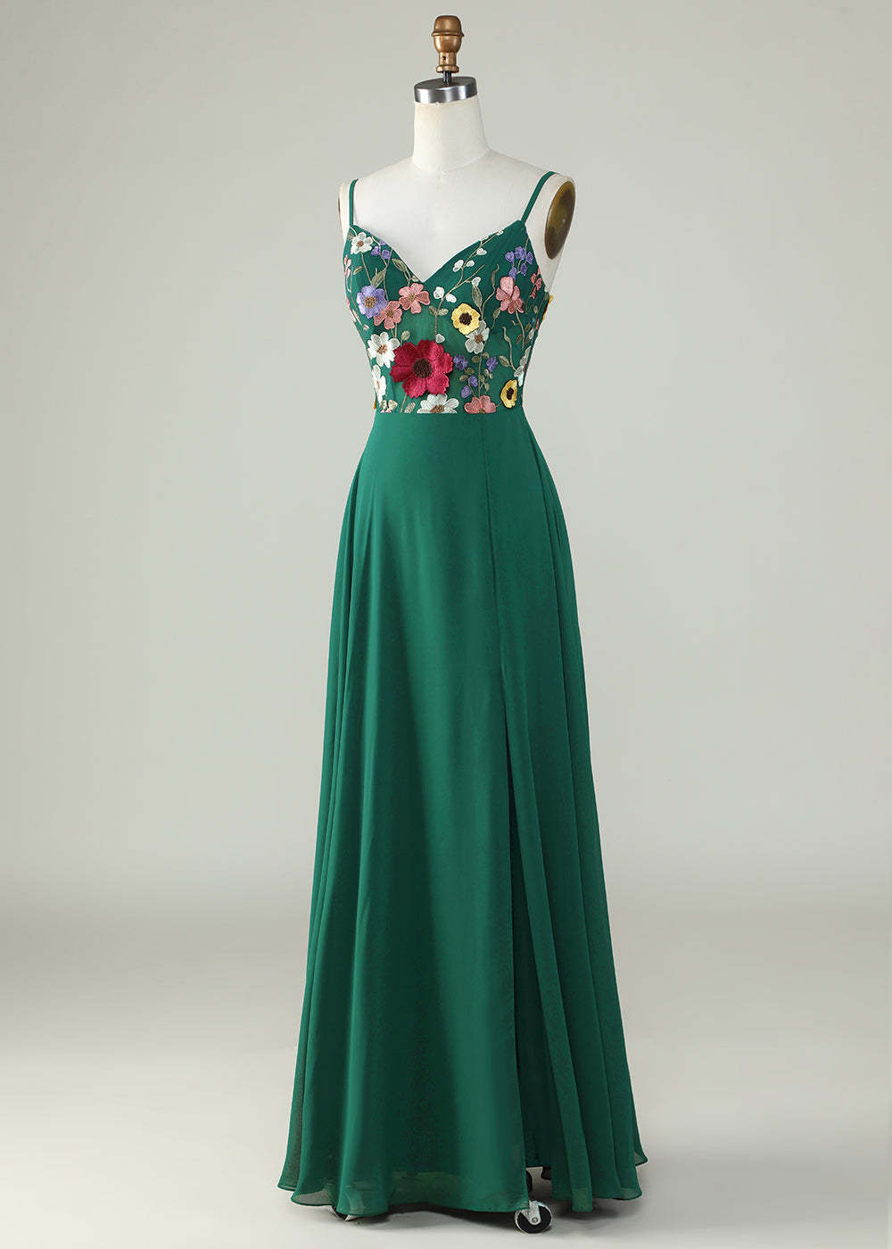Colorful Flower Embroidery Chiffon Spaghetti Strap A-line Bridesmaid Dress