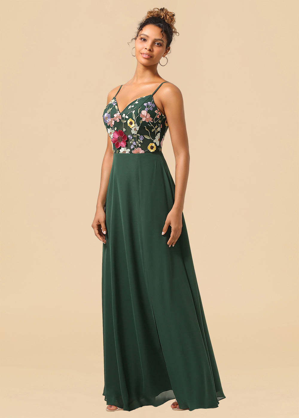 Colorful Flower Embroidery Chiffon Spaghetti Strap A-line Bridesmaid Dress