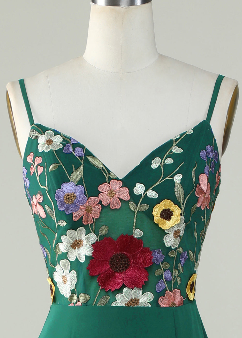 Colorful Flower Embroidery Chiffon Spaghetti Strap A-line Bridesmaid Dress