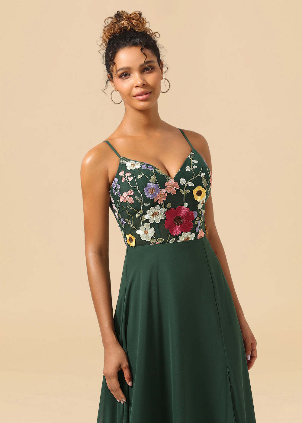 Colorful Flower Embroidery Chiffon Spaghetti Strap A-line Bridesmaid Dress