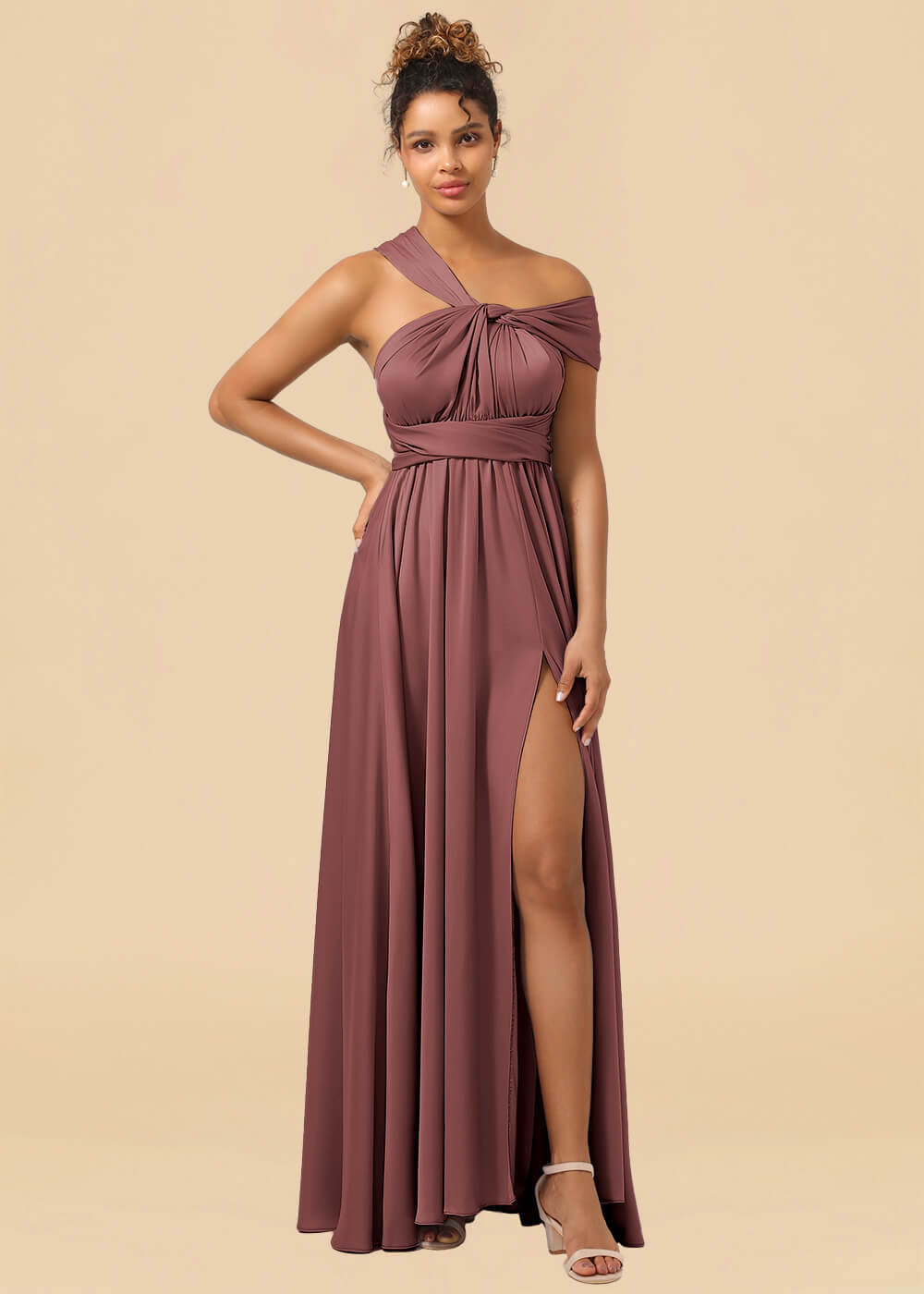 Convertible Satin A-line Long Bridesmaid Dress with Slit