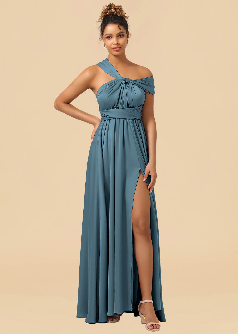 Convertible Satin A-line Long Bridesmaid Dress with Slit