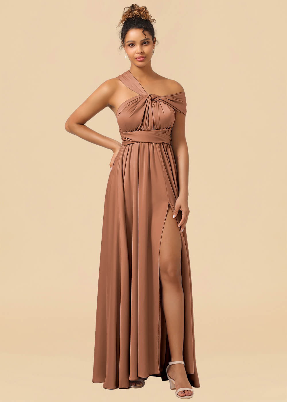 Convertible Satin A-line Long Bridesmaid Dress with Slit