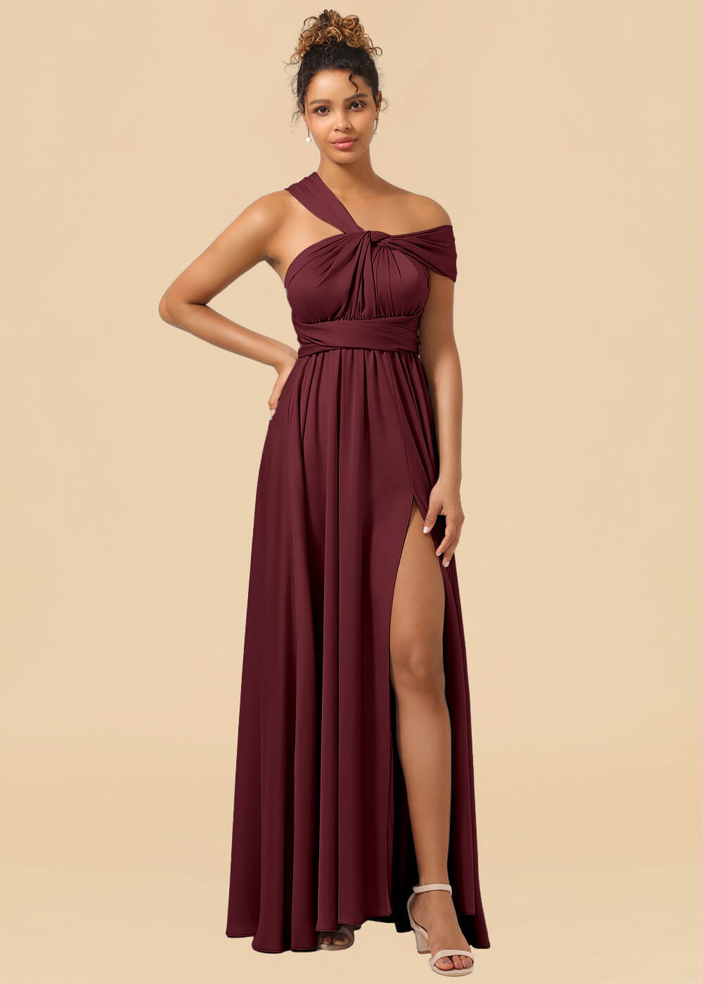Convertible Satin A-line Long Bridesmaid Dress with Slit