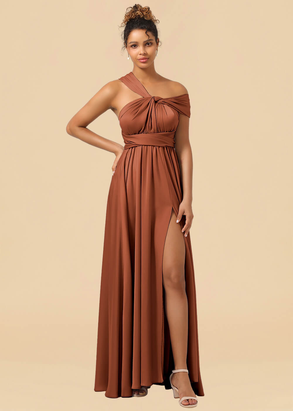 Convertible Satin A-line Long Bridesmaid Dress with Slit