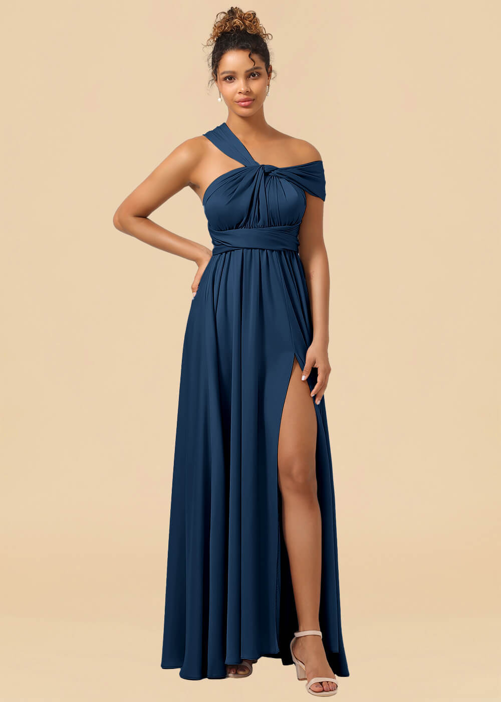 Convertible Satin A-line Long Bridesmaid Dress with Slit