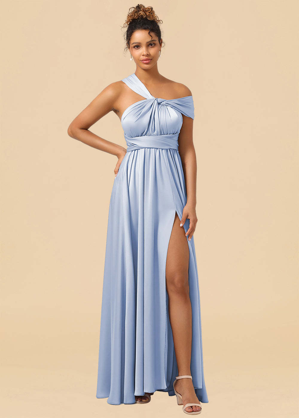 Convertible Satin A-line Long Bridesmaid Dress with Slit