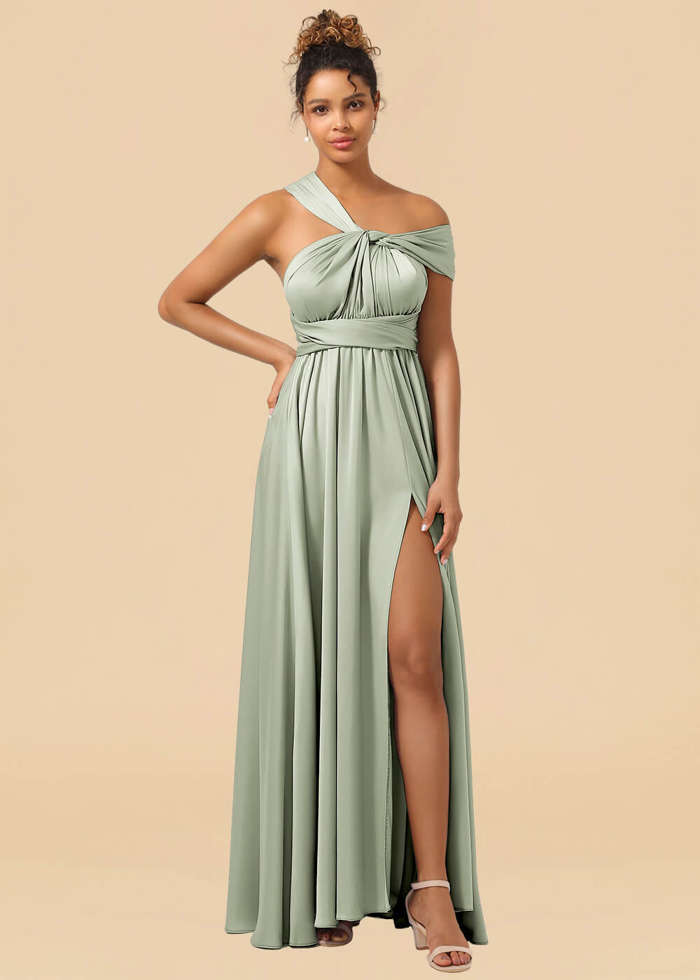 Convertible Satin A-line Long Bridesmaid Dress with Slit