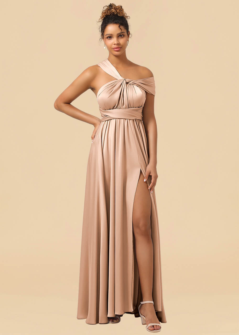 Convertible Satin A-line Long Bridesmaid Dress with Slit