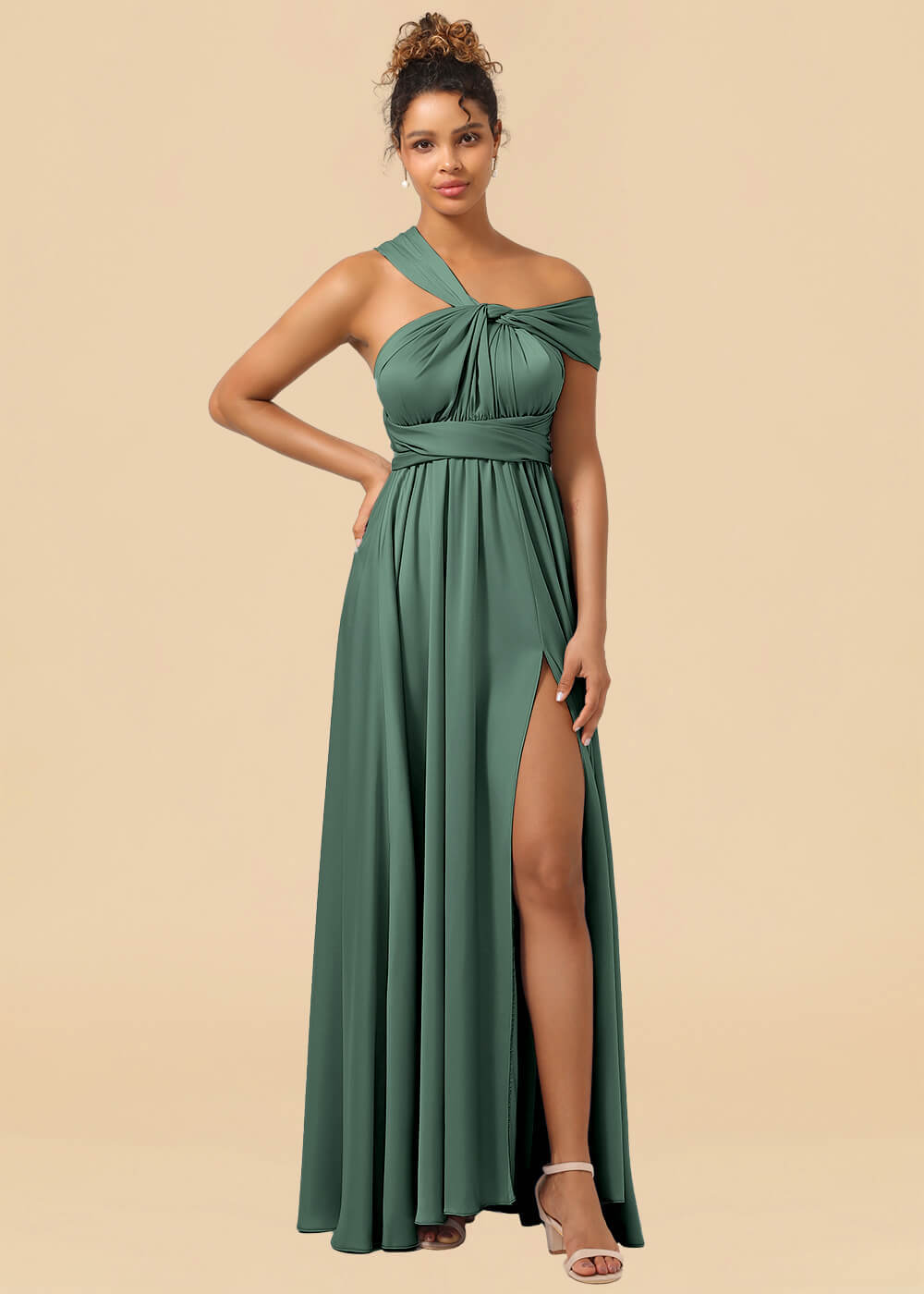 Convertible Satin A-line Long Bridesmaid Dress with Slit