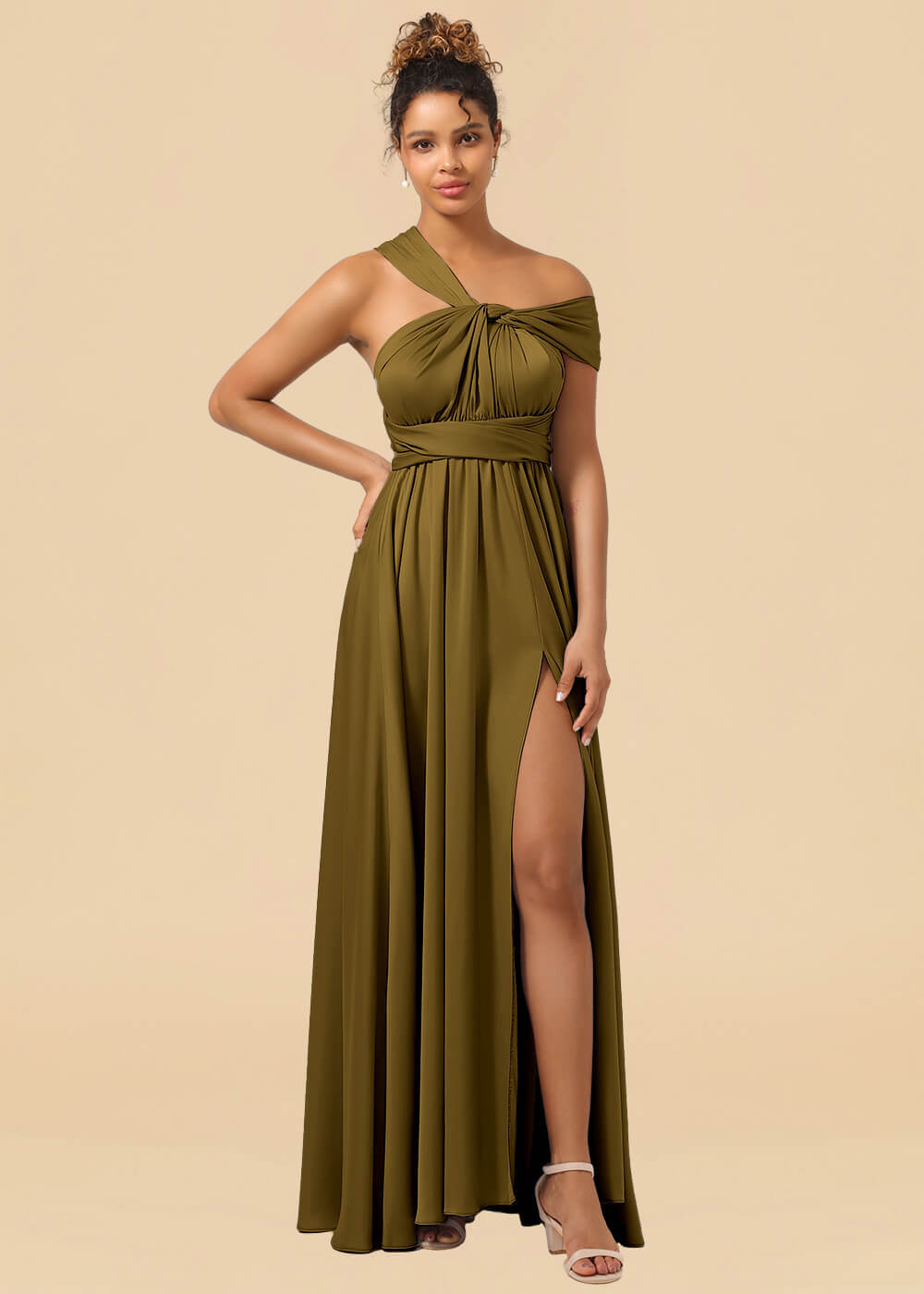 Convertible Satin A-line Long Bridesmaid Dress with Slit