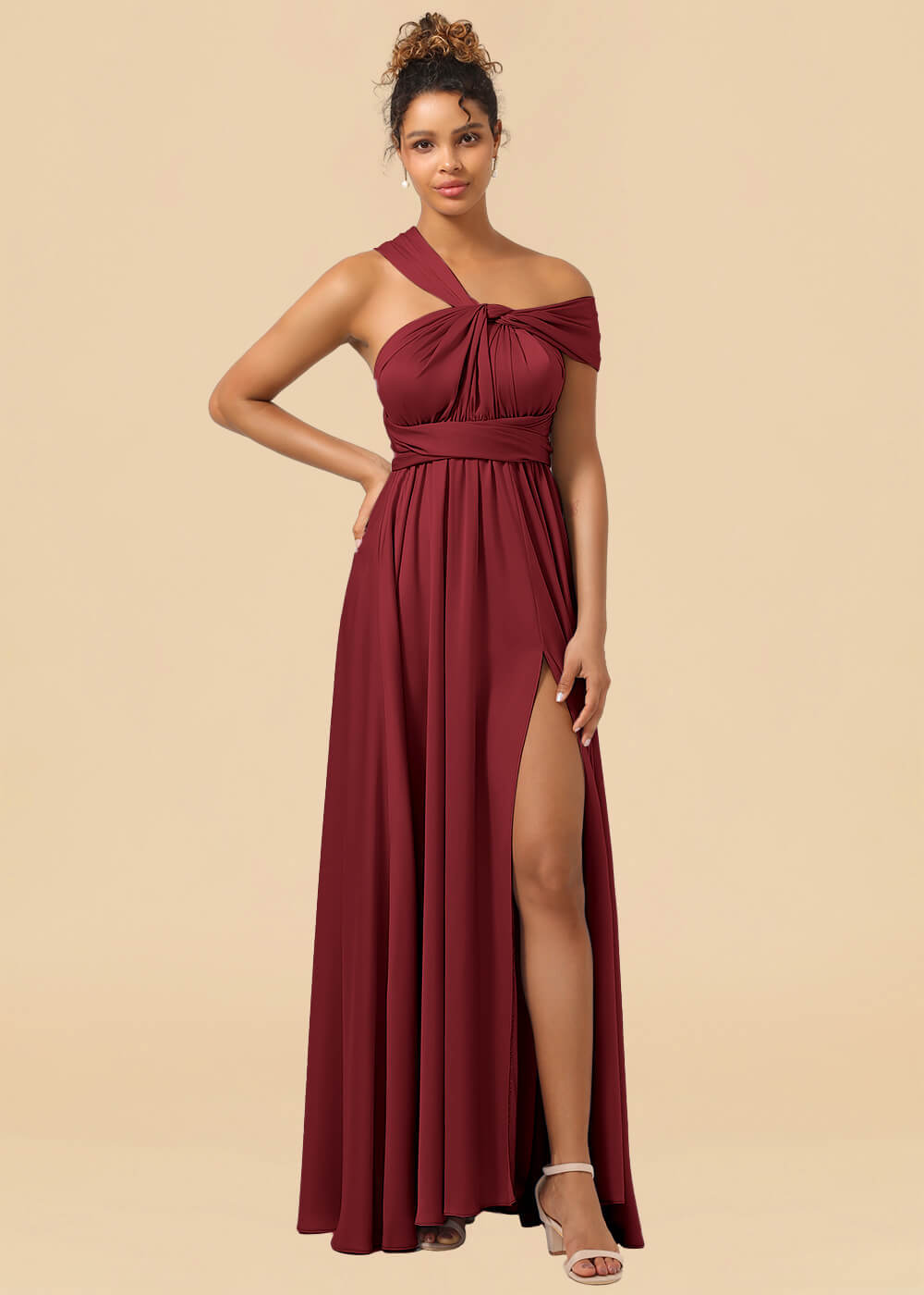 Convertible Satin A-line Long Bridesmaid Dress with Slit