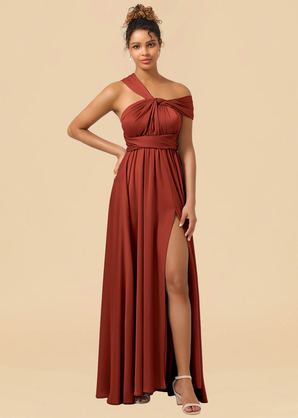 Convertible Satin A-line Long Bridesmaid Dress with Slit