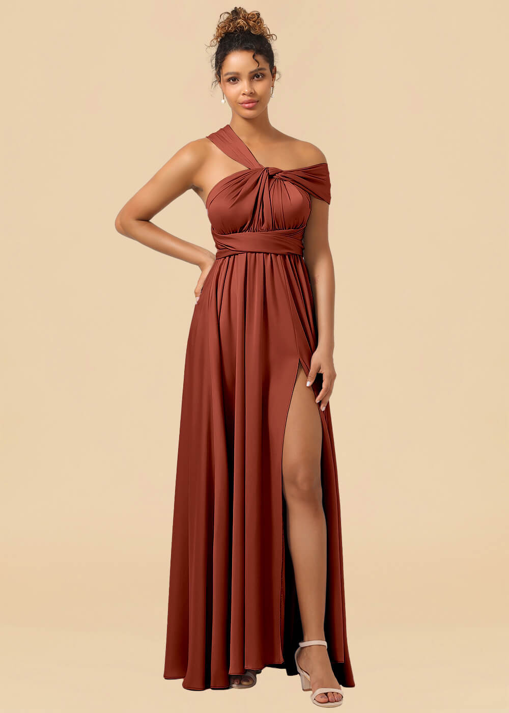 Convertible Satin A-line Long Bridesmaid Dress with Slit