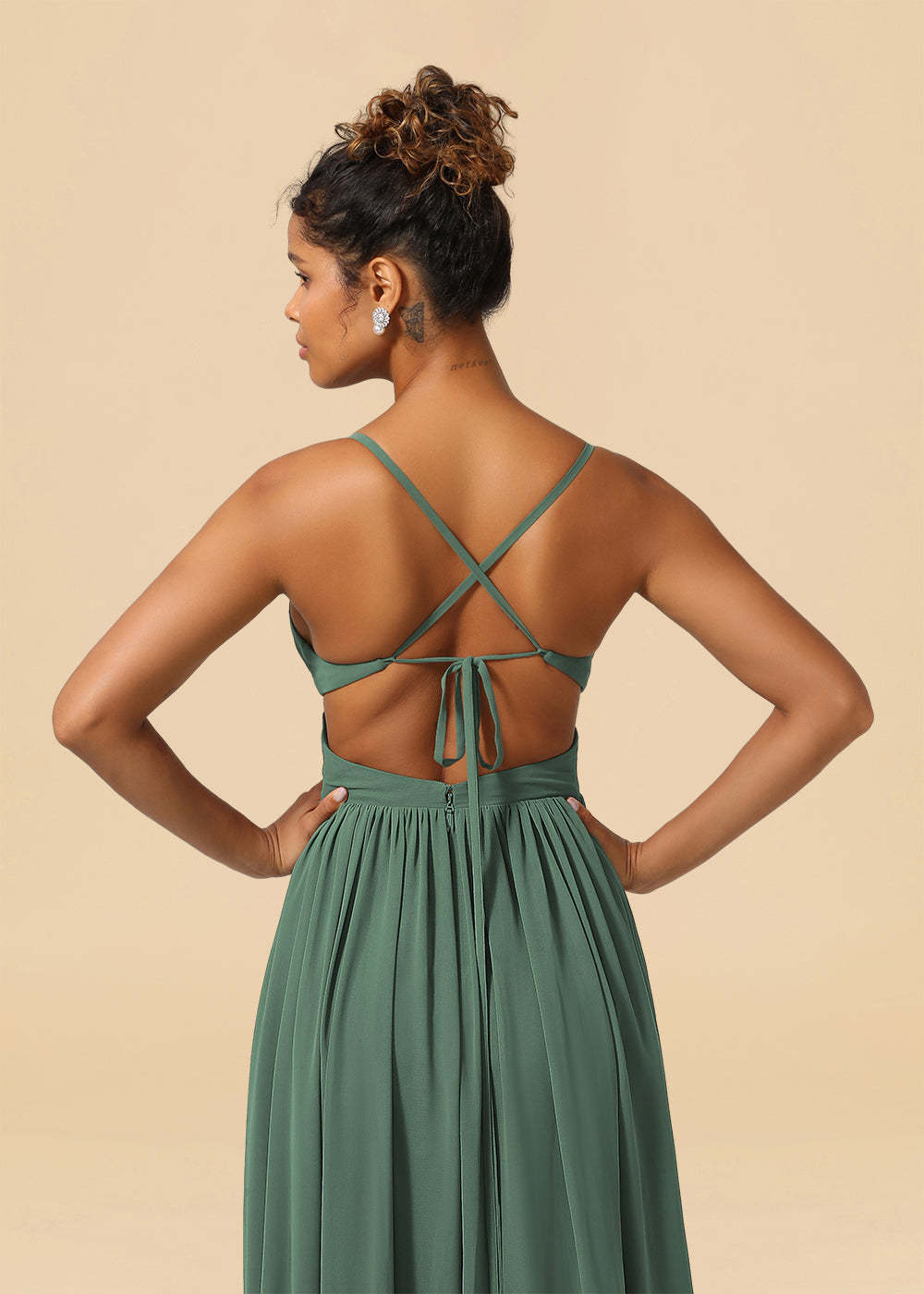 Chiffon Spaghetti Strap V-neck A-line Maxi Bridesmaid Dress with Slit