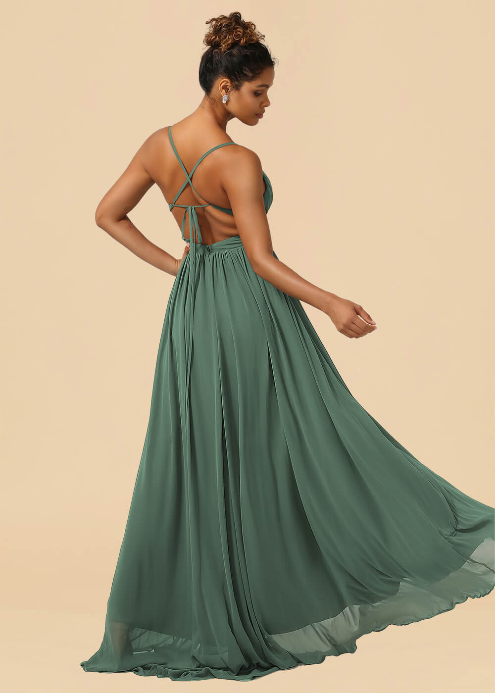 Chiffon Spaghetti Strap V-neck A-line Maxi Bridesmaid Dress with Slit
