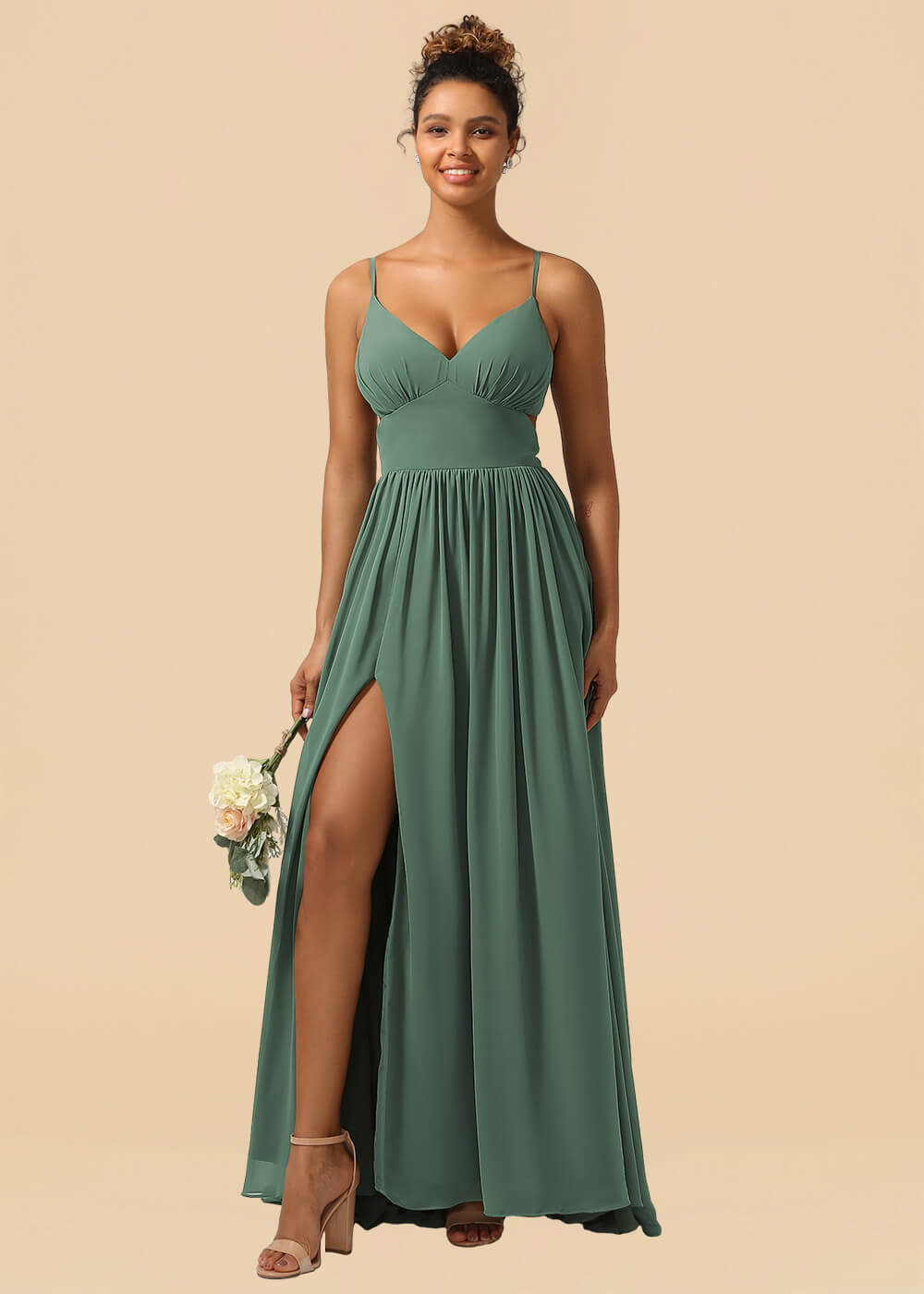 Chiffon Spaghetti Strap V-neck A-line Maxi Bridesmaid Dress with Slit