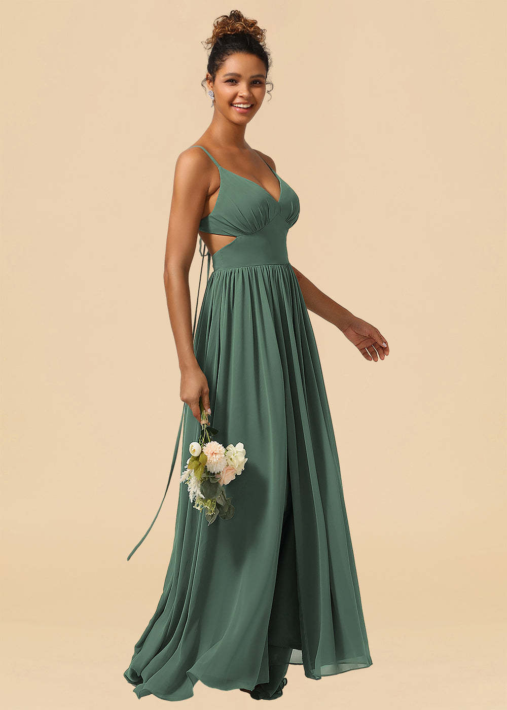 Chiffon Spaghetti Strap V-neck A-line Maxi Bridesmaid Dress with Slit