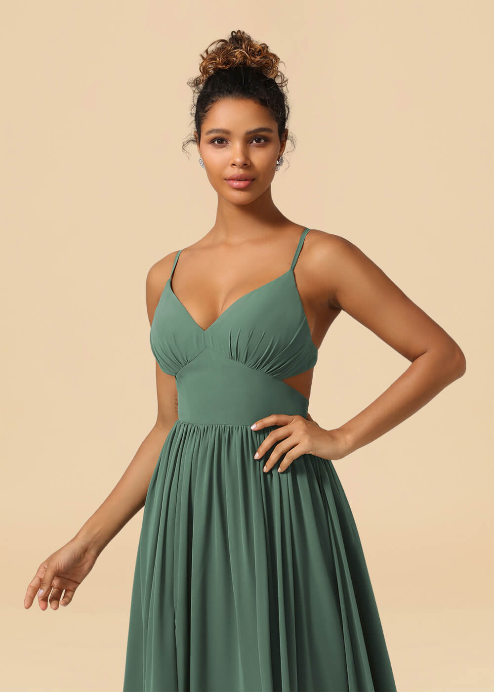 Chiffon Spaghetti Strap V-neck A-line Maxi Bridesmaid Dress with Slit