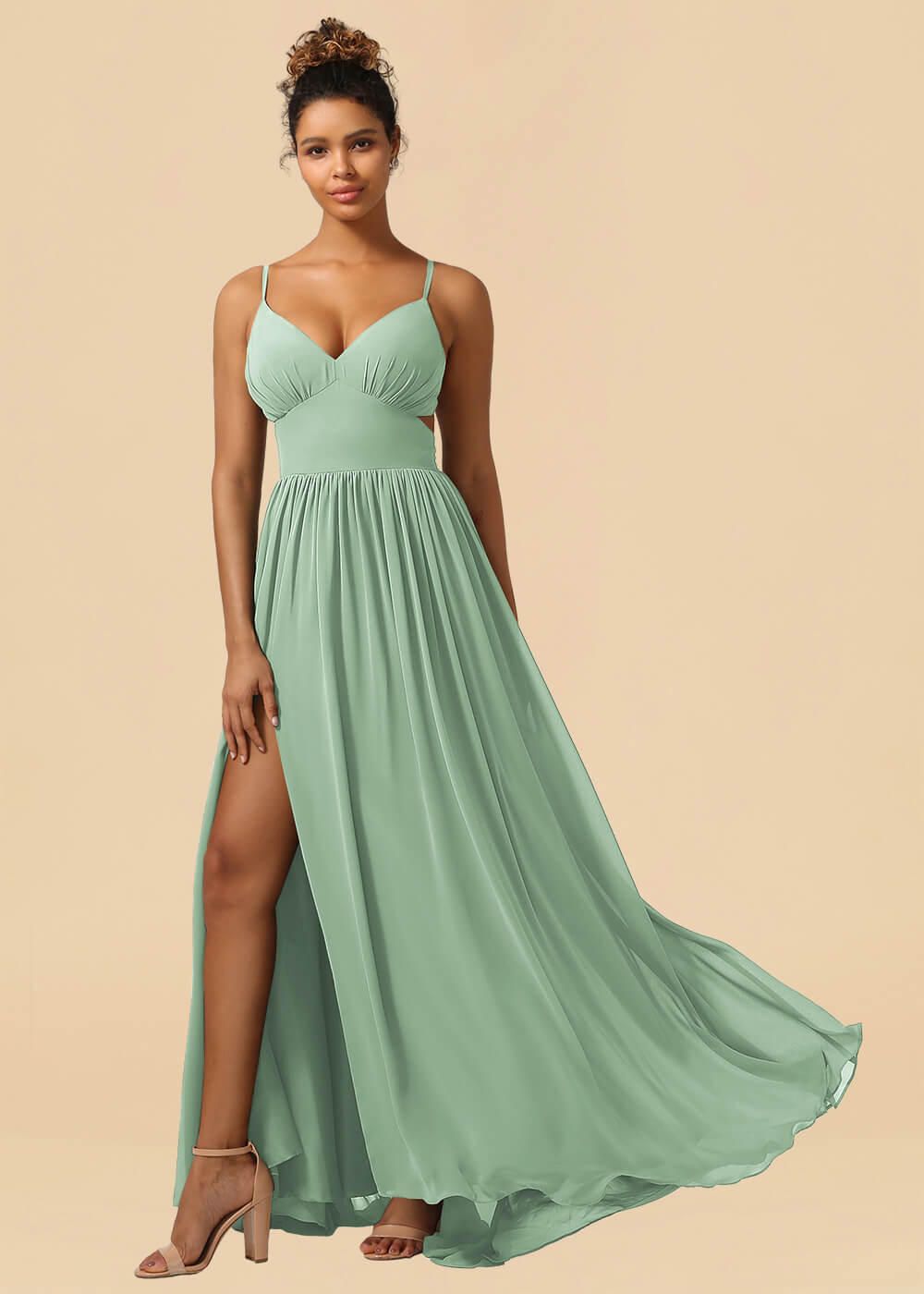 Chiffon Spaghetti Strap V-neck A-line Maxi Bridesmaid Dress with Slit