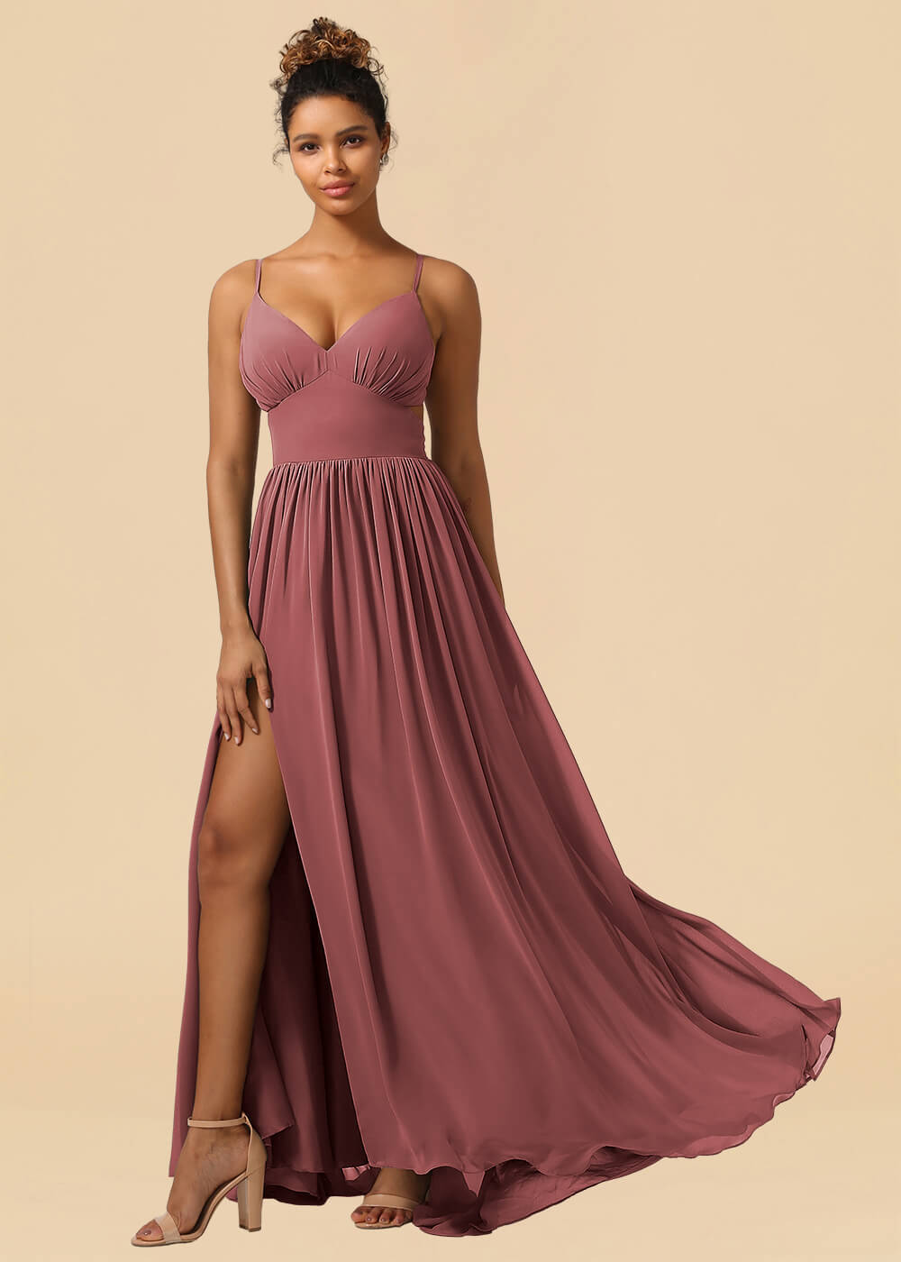Chiffon Spaghetti Strap V-neck A-line Maxi Bridesmaid Dress with Slit
