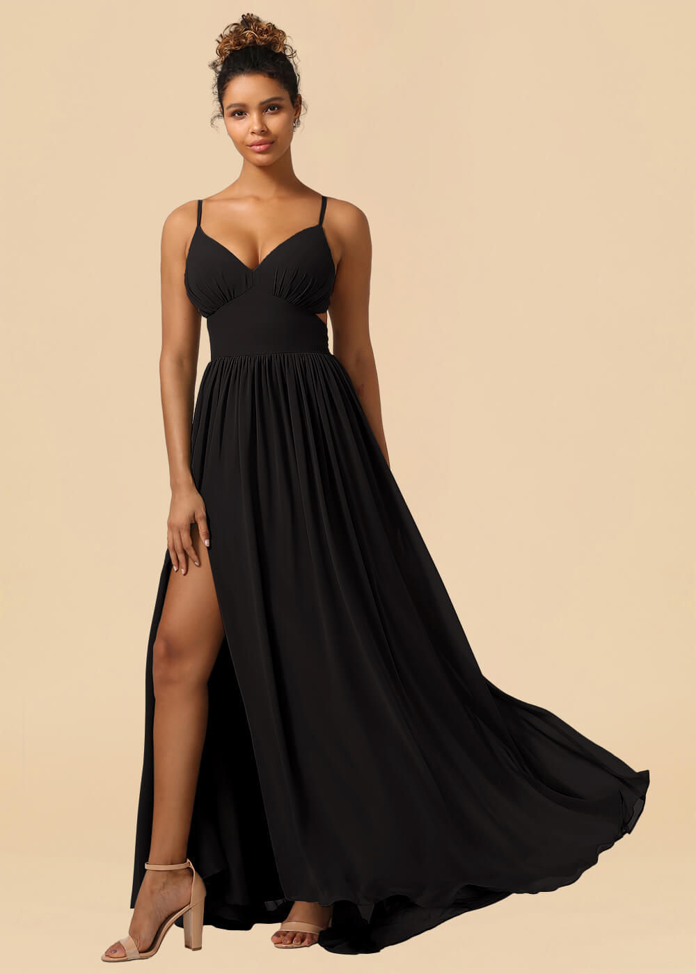 Chiffon Spaghetti Strap V-neck A-line Maxi Bridesmaid Dress with Slit