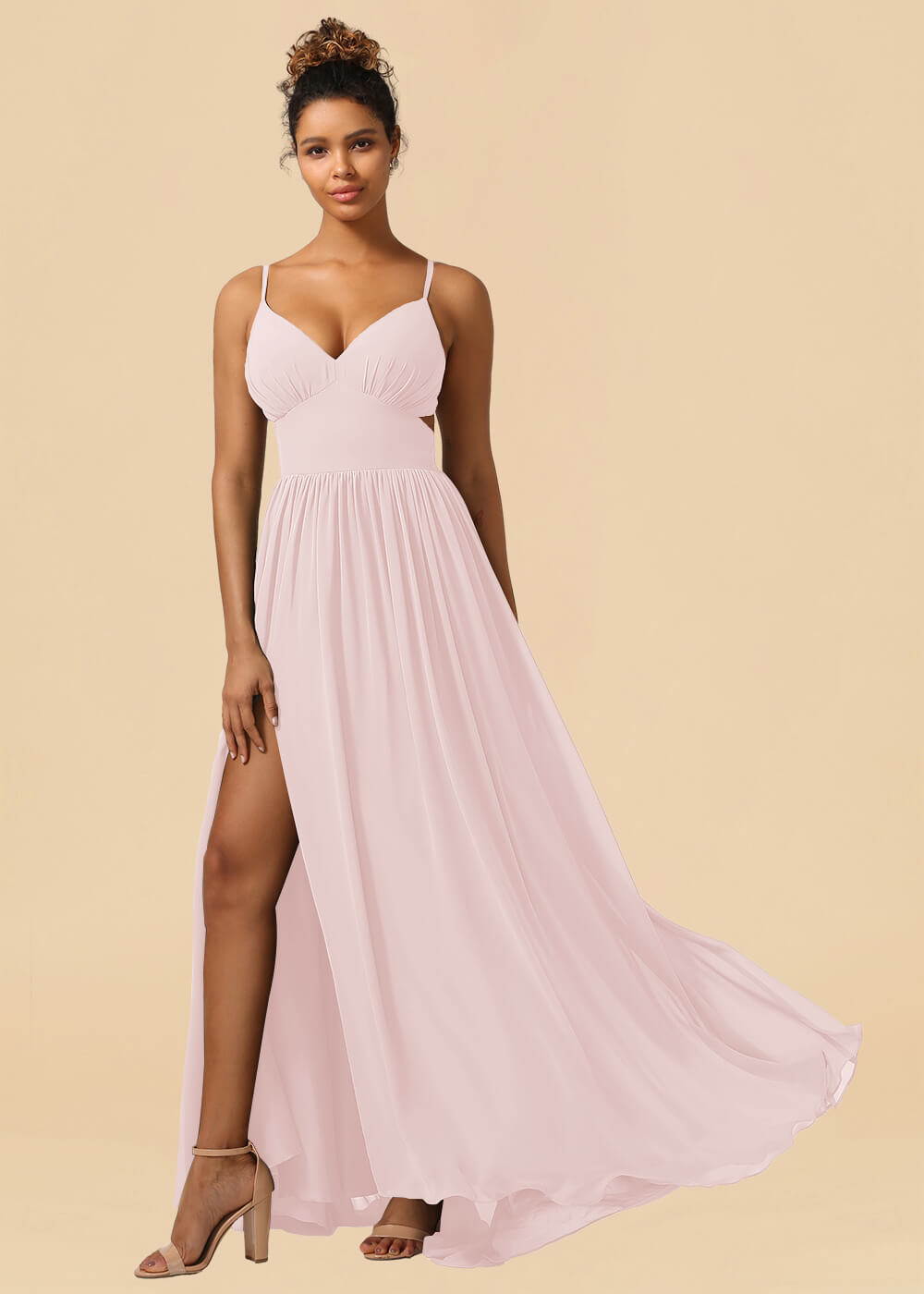 Chiffon Spaghetti Strap V-neck A-line Maxi Bridesmaid Dress with Slit