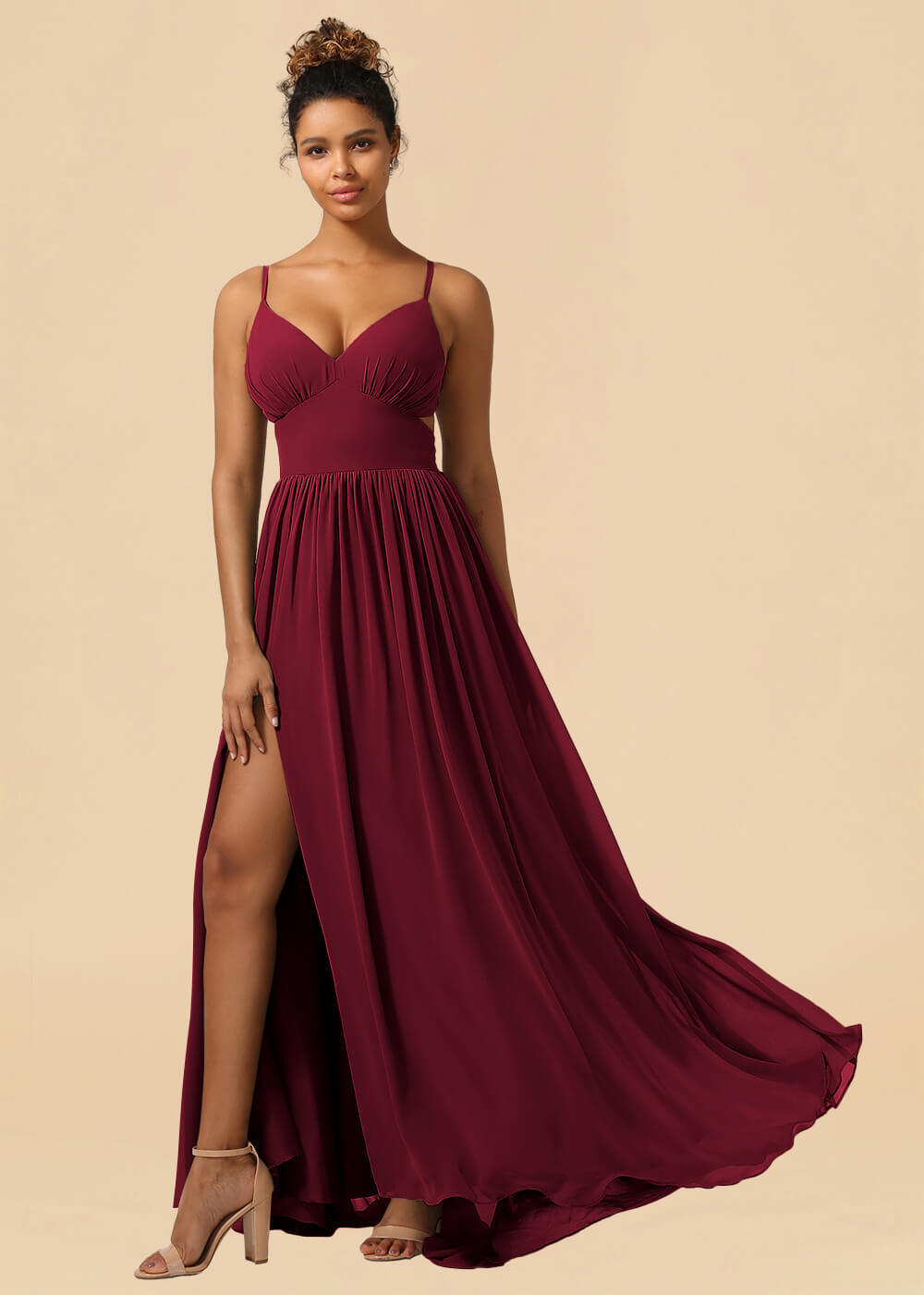 Chiffon Spaghetti Strap V-neck A-line Maxi Bridesmaid Dress with Slit