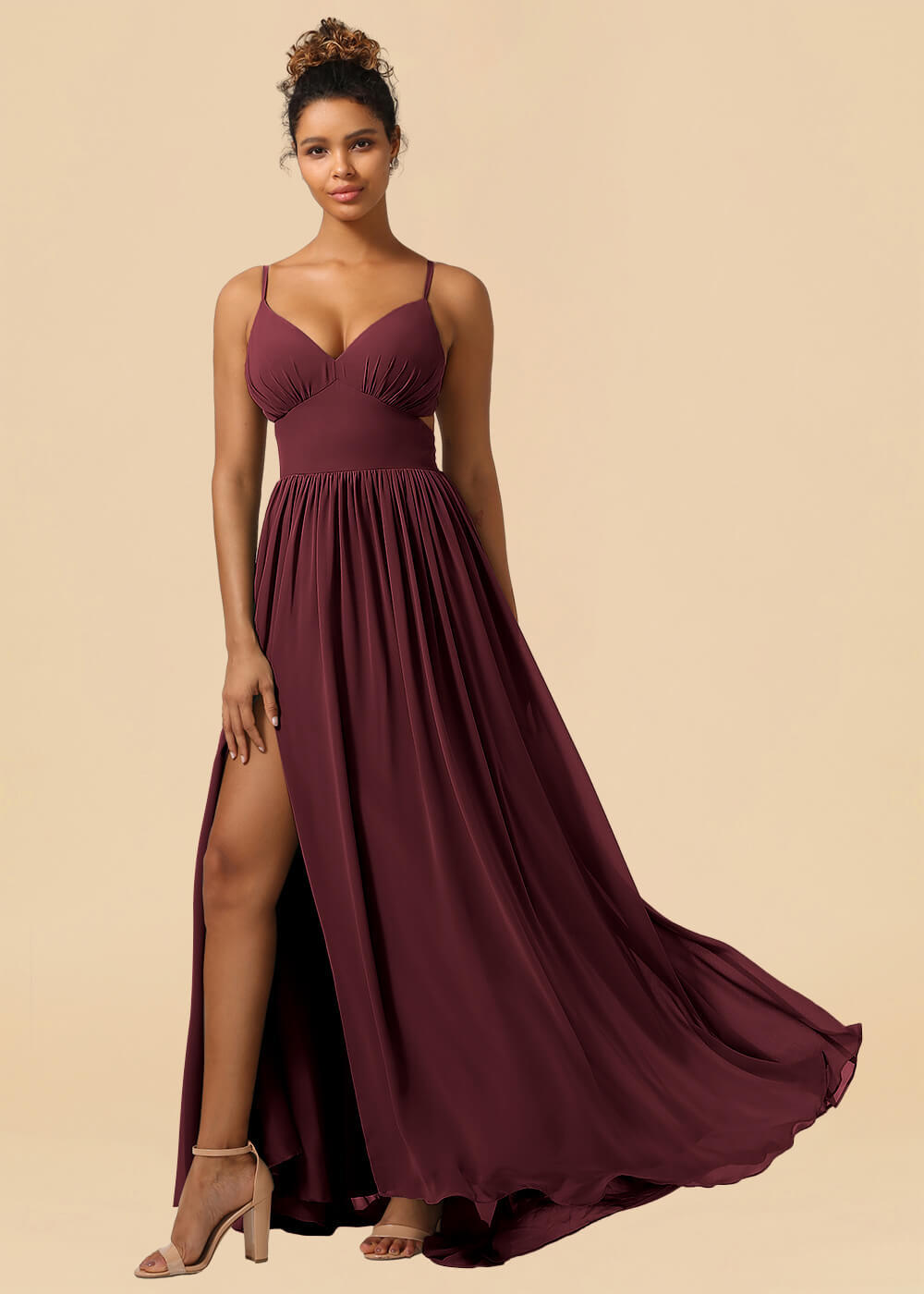 Chiffon Spaghetti Strap V-neck A-line Maxi Bridesmaid Dress with Slit