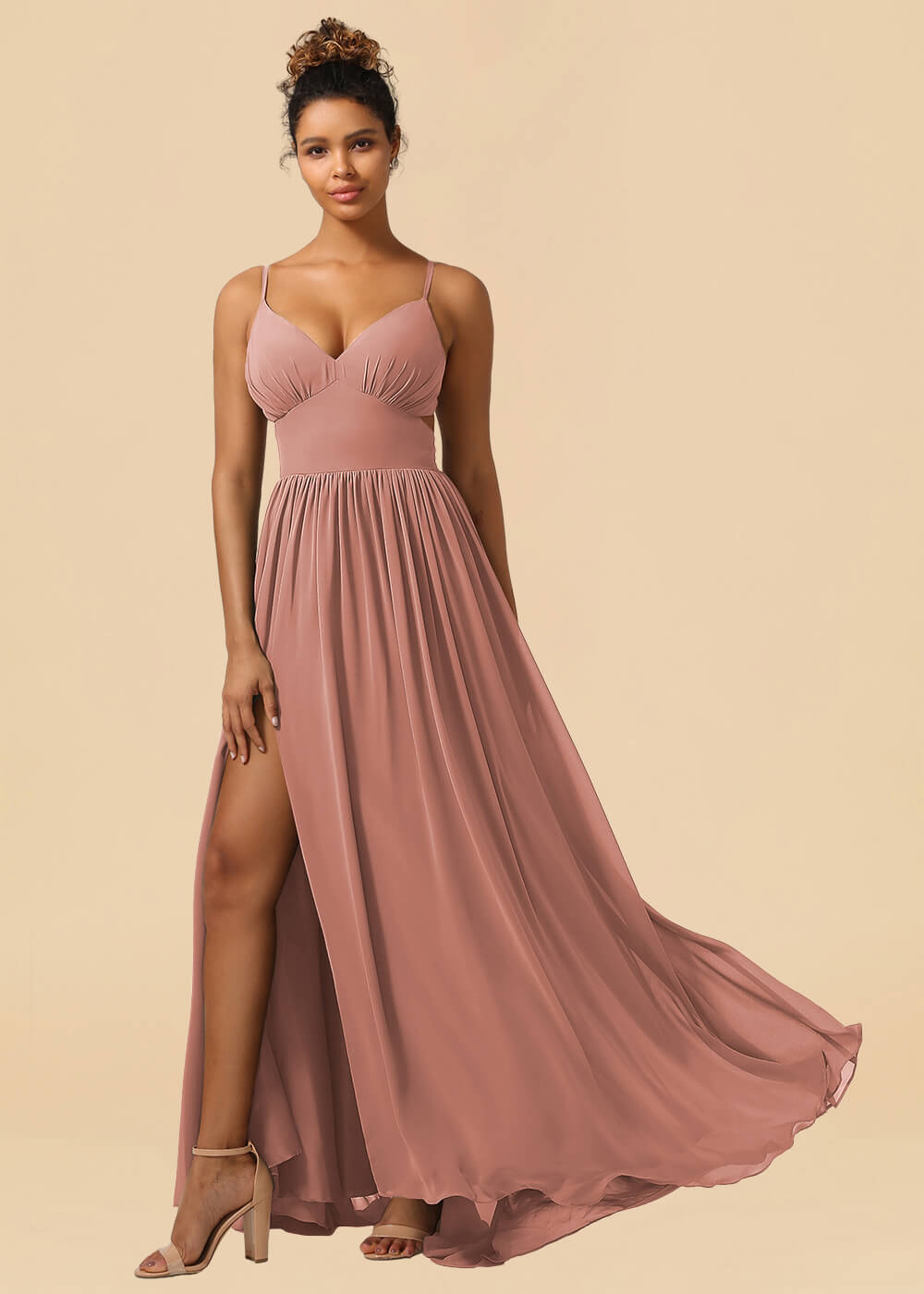 Chiffon Spaghetti Strap V-neck A-line Maxi Bridesmaid Dress with Slit
