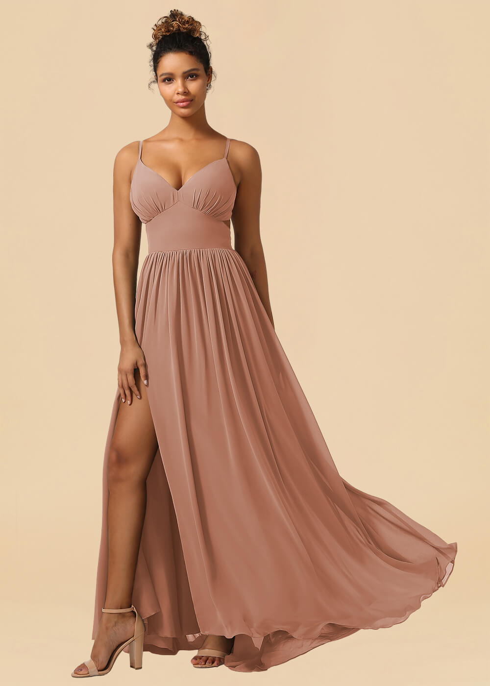 Chiffon Spaghetti Strap V-neck A-line Maxi Bridesmaid Dress with Slit