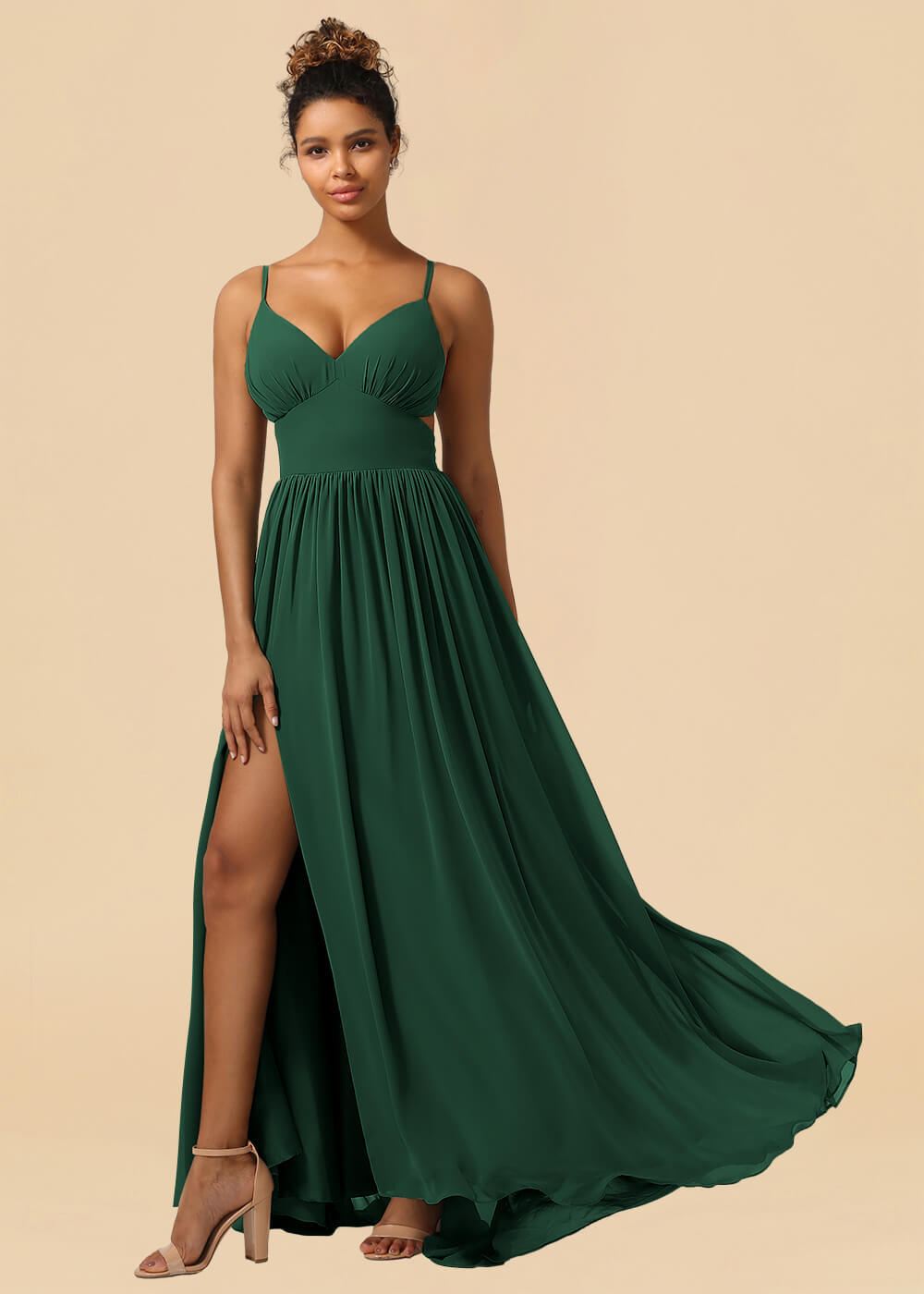 Chiffon Spaghetti Strap V-neck A-line Maxi Bridesmaid Dress with Slit