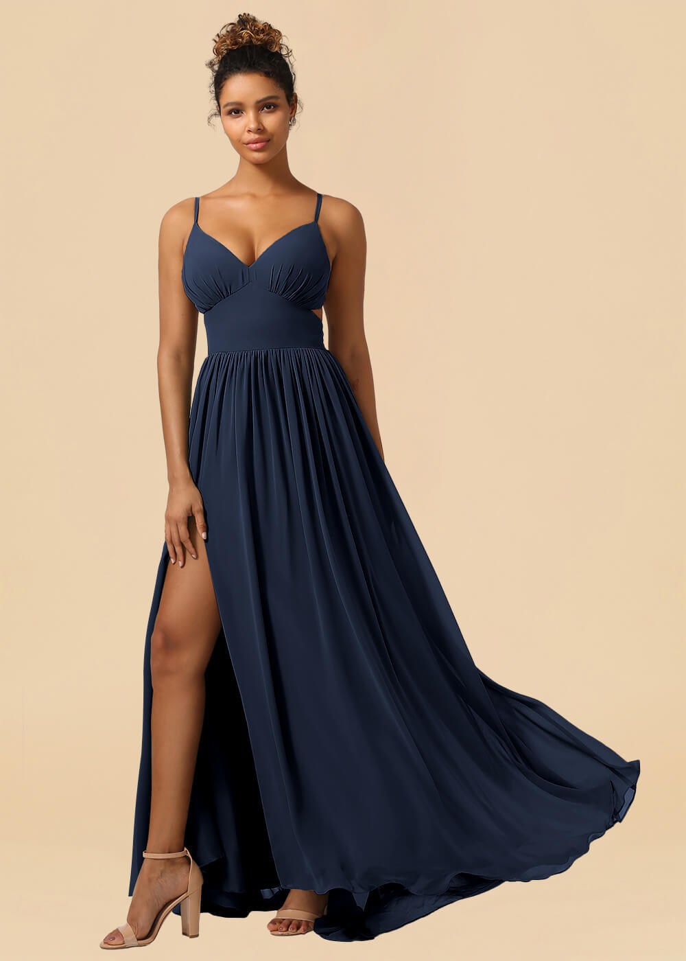 Chiffon Spaghetti Strap V-neck A-line Maxi Bridesmaid Dress with Slit