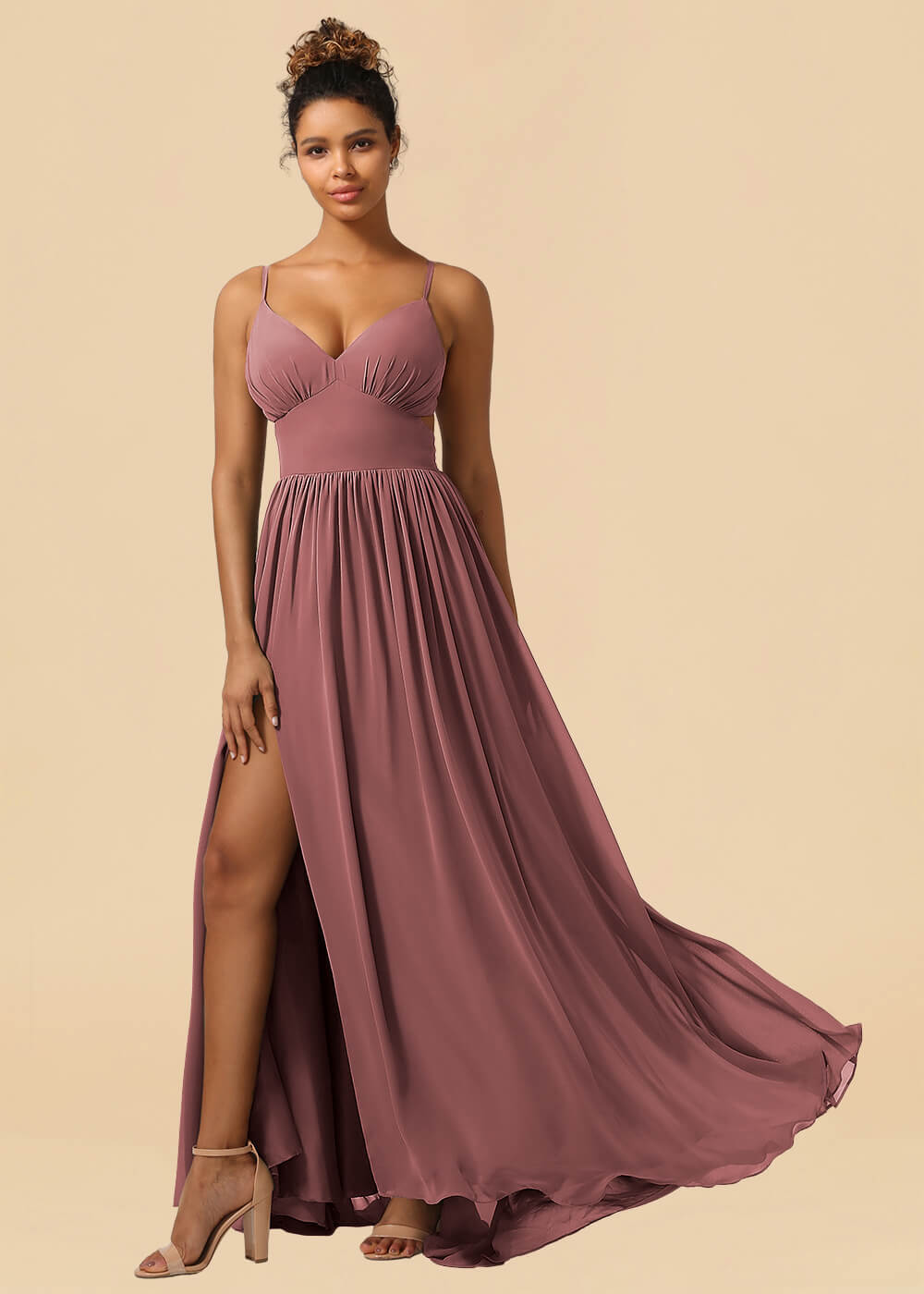Chiffon Spaghetti Strap V-neck A-line Maxi Bridesmaid Dress with Slit