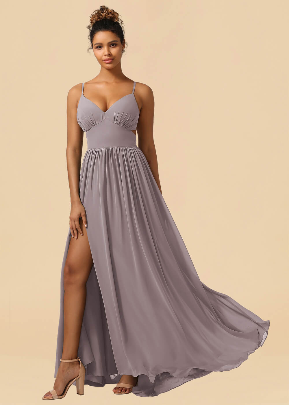 Chiffon Spaghetti Strap V-neck A-line Maxi Bridesmaid Dress with Slit
