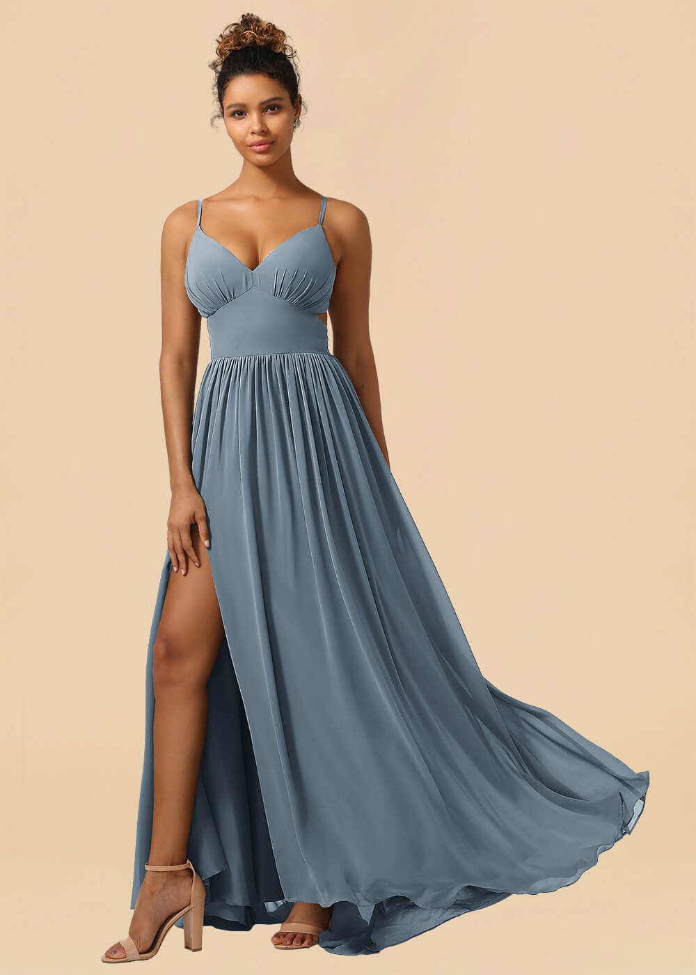 Chiffon Spaghetti Strap V-neck A-line Maxi Bridesmaid Dress with Slit