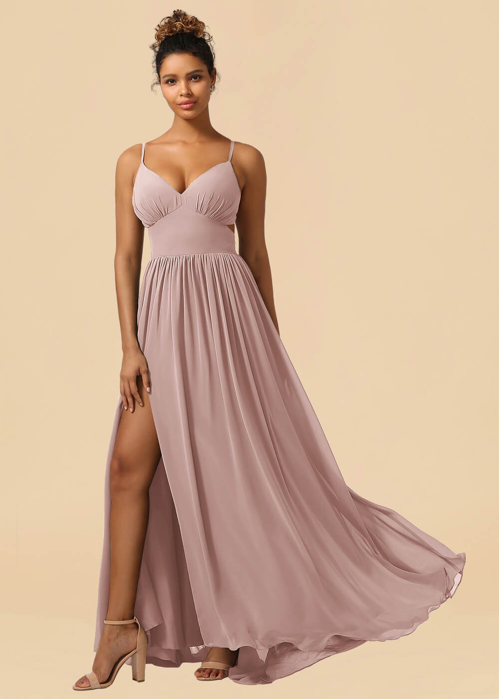 Chiffon Spaghetti Strap V-neck A-line Maxi Bridesmaid Dress with Slit