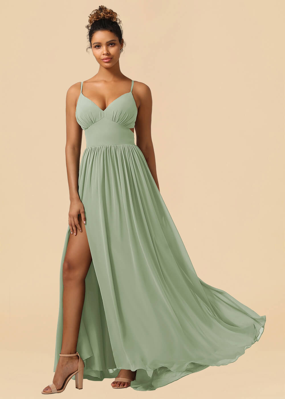 Chiffon Spaghetti Strap V-neck A-line Maxi Bridesmaid Dress with Slit