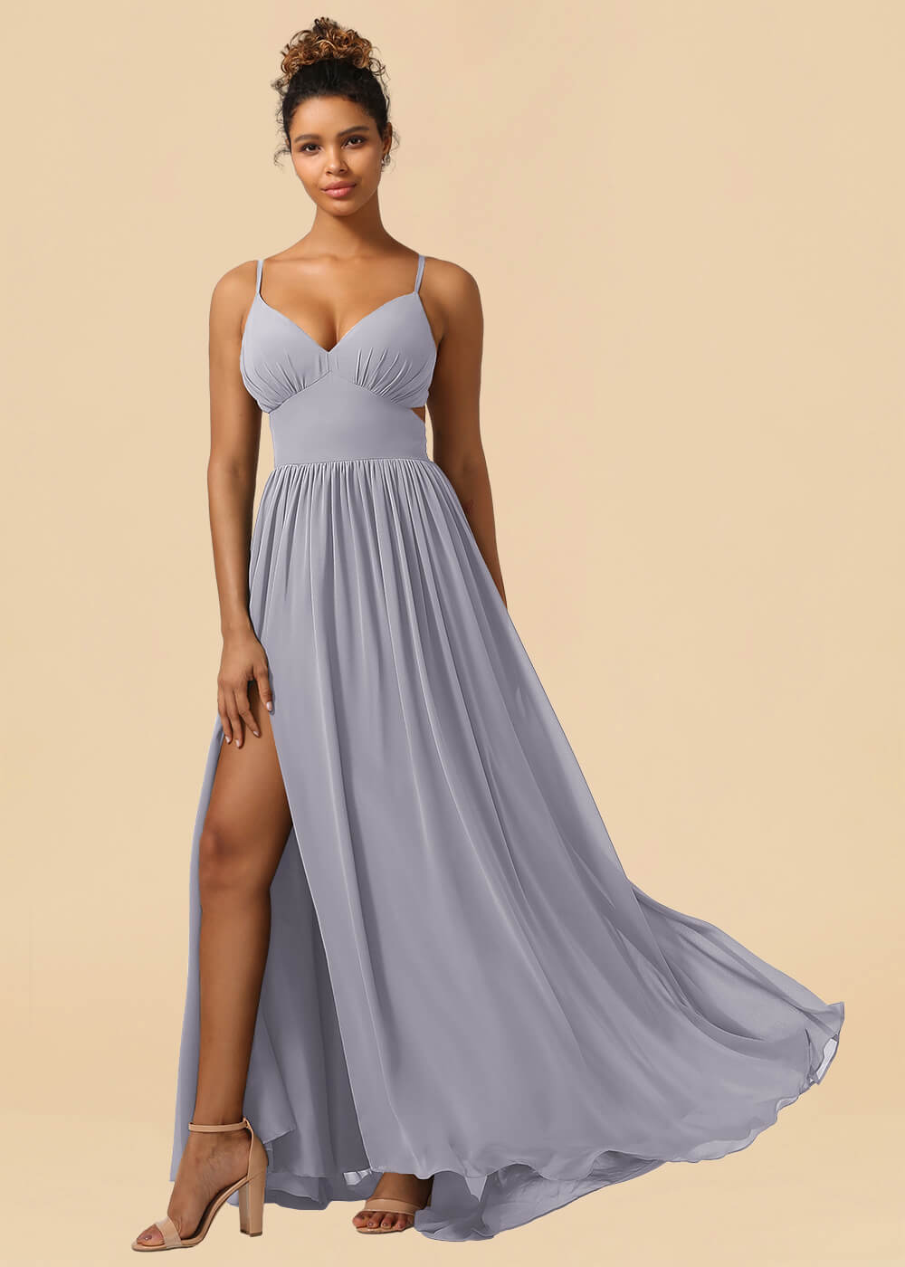 Chiffon Spaghetti Strap V-neck A-line Maxi Bridesmaid Dress with Slit
