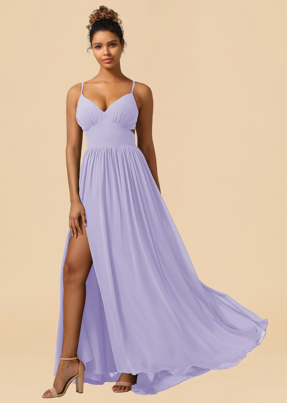 Chiffon Spaghetti Strap V-neck A-line Maxi Bridesmaid Dress with Slit