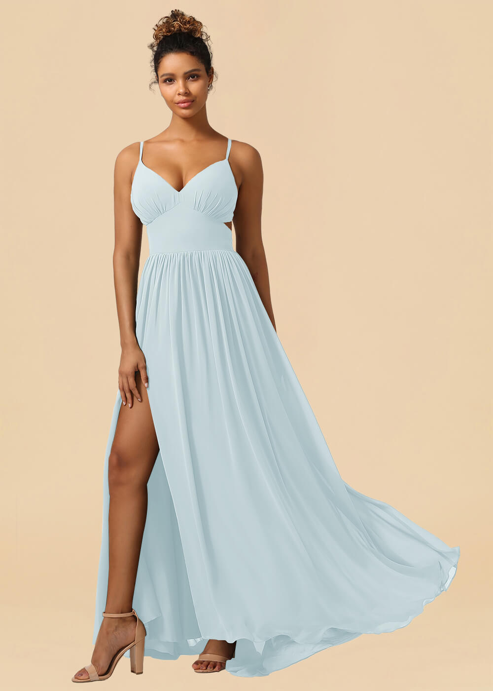 Chiffon Spaghetti Strap V-neck A-line Maxi Bridesmaid Dress with Slit